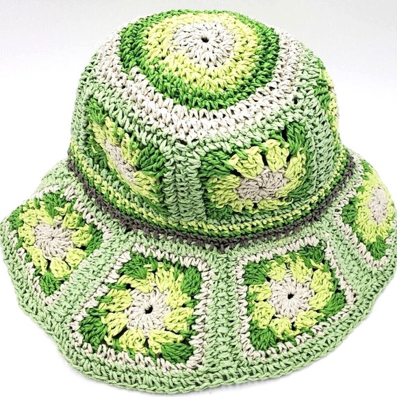Steve Madden Green Crocheted Paper Yarn Scalloped Brim Bucket Hat OS - Picture 8 of 12